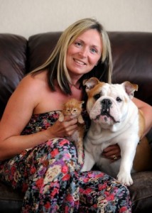 Clare Evana with Tigger the kitten and Harley the Bulldog