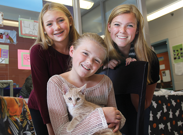 CARRIE MILLER PHOTOLindsey Parks, 9, holding Willy with sisters Rachel, 12, (left) and Sarah, 14, at the North Fork Animal Welfare League’s Southold shelter on Wednesday afternoon.
