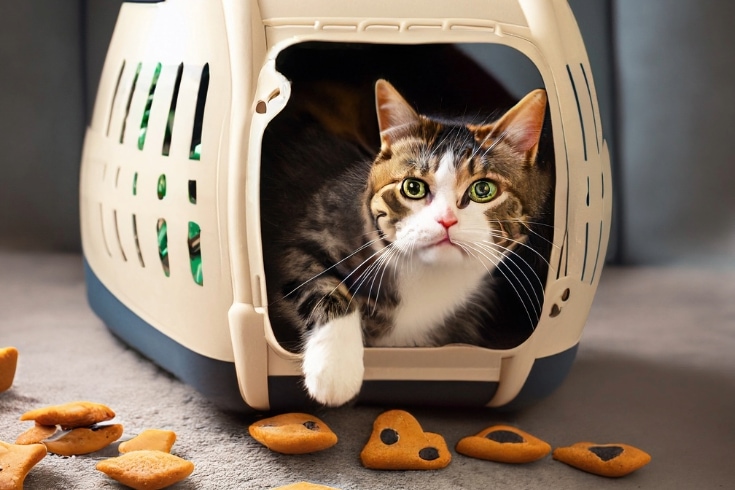 cat inside a carrier with treats around